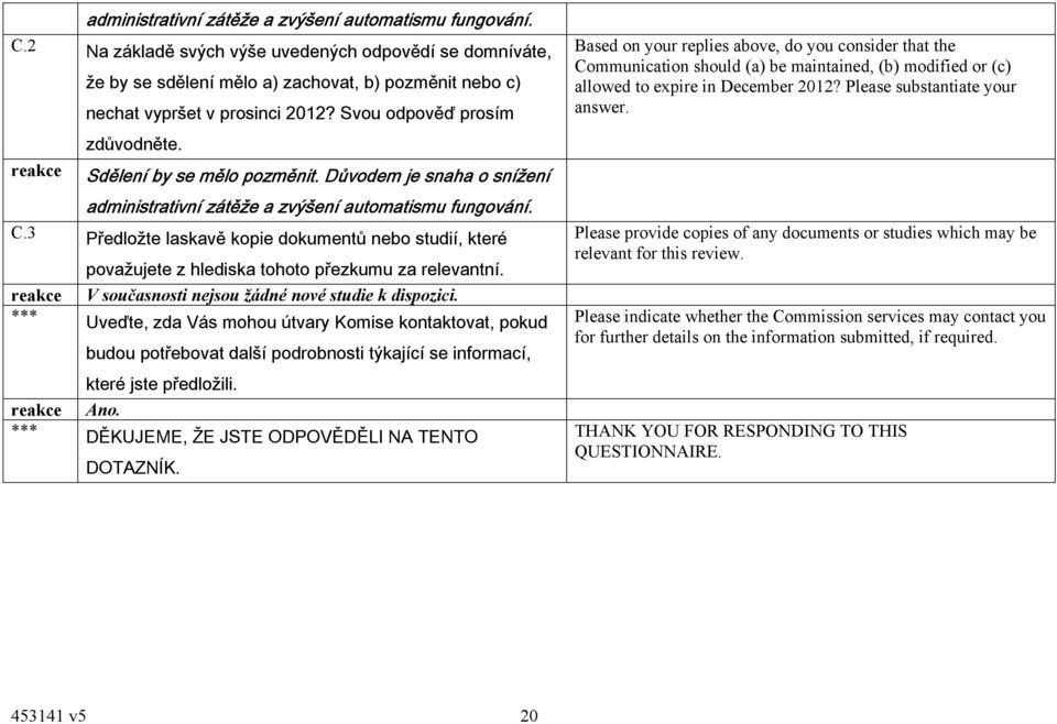 Svou odpověď prosím Based on your replies above, do you consider that the Communication should (a) be maintained, (b) modified or (c) allowed to expire in December 2012?