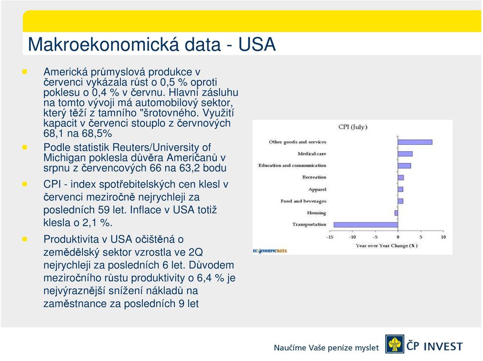 Využití kapacit v červenci stouplo z červnových 68,1 na 68,5% Podle statistik Reuters/University of Michigan poklesla důvěra Američanů v srpnu z červencových 66 na 63,2 bodu CPI -