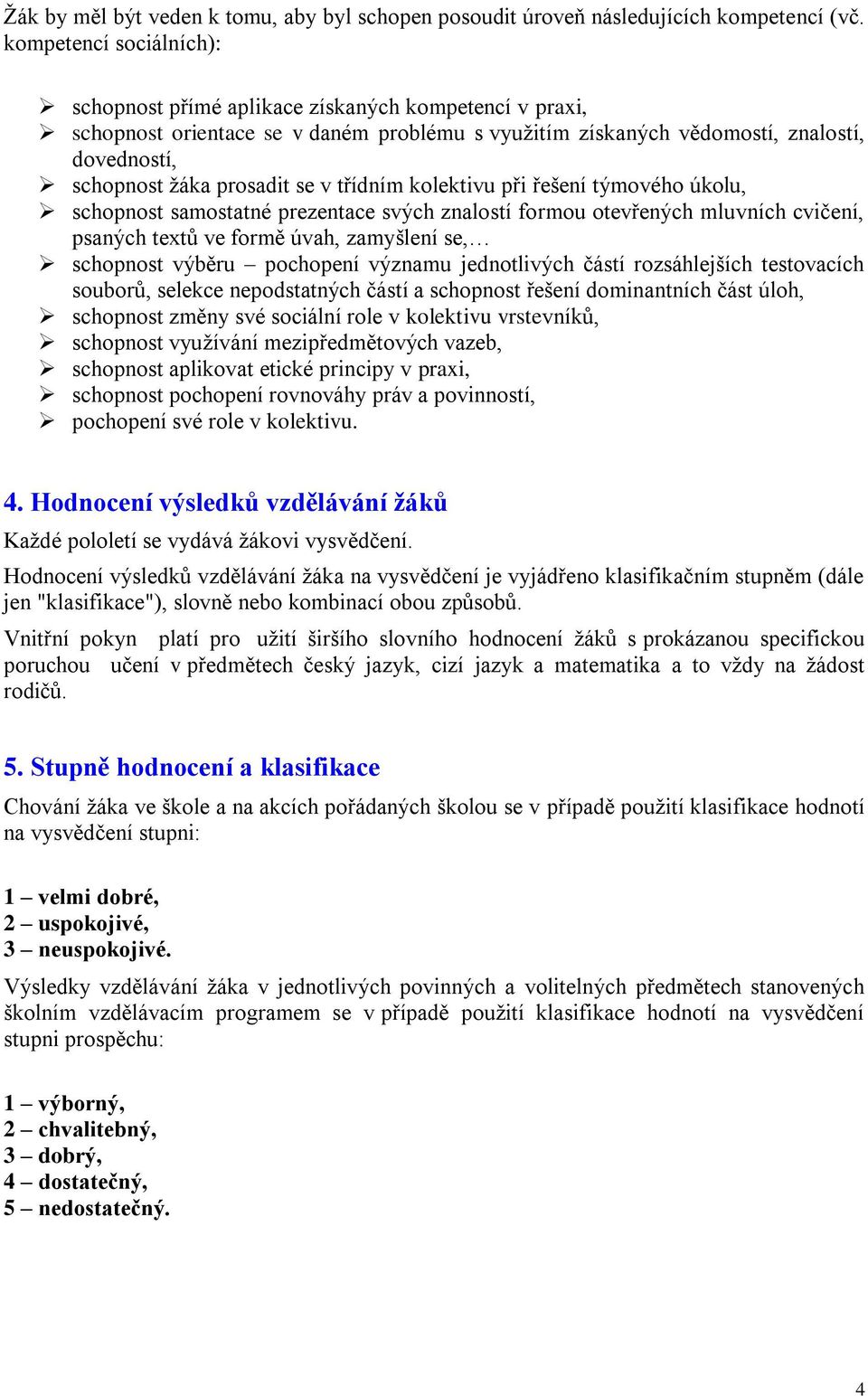 v třídním kolektivu při řešení týmového úkolu, schopnost samostatné prezentace svých znalostí formou otevřených mluvních cvičení, psaných textů ve formě úvah, zamyšlení se, schopnost výběru pochopení