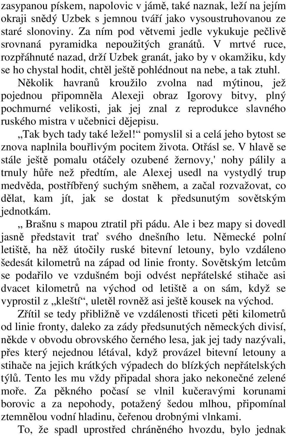 V mrtvé ruce, rozpřáhnuté nazad, drží Uzbek granát, jako by v okamžiku, kdy se ho chystal hodit, chtěl ještě pohlédnout na nebe, a tak ztuhl.