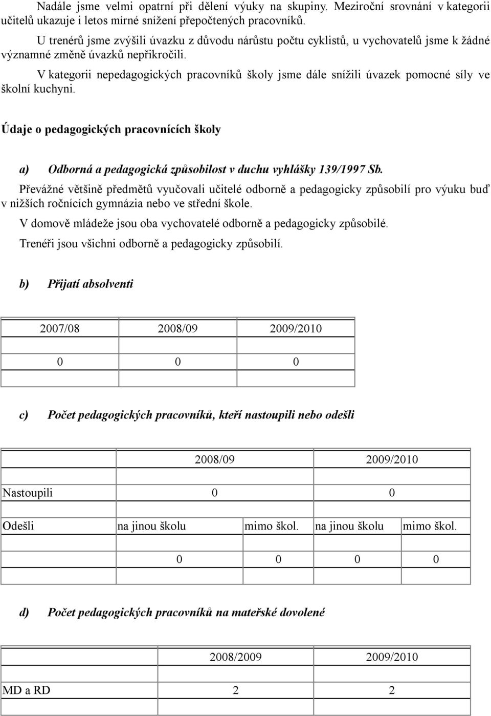 V kategorii nepedagogických pracovníků školy jsme dále snížili úvazek pomocné síly ve školní kuchyni.