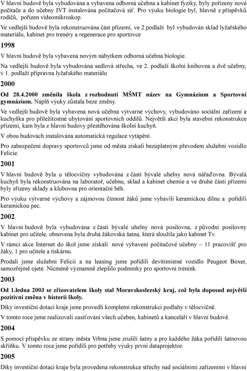 podlaží byl vybudován sklad lyžařského materiálu, kabinet pro trenéry a regenerace pro sportovce 1998 V hlavní budově byla vybavena novým nábytkem odborná učebna biologie.