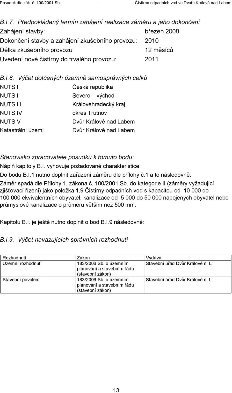 čistírny do trvalého provozu: 2011 B.I.8.