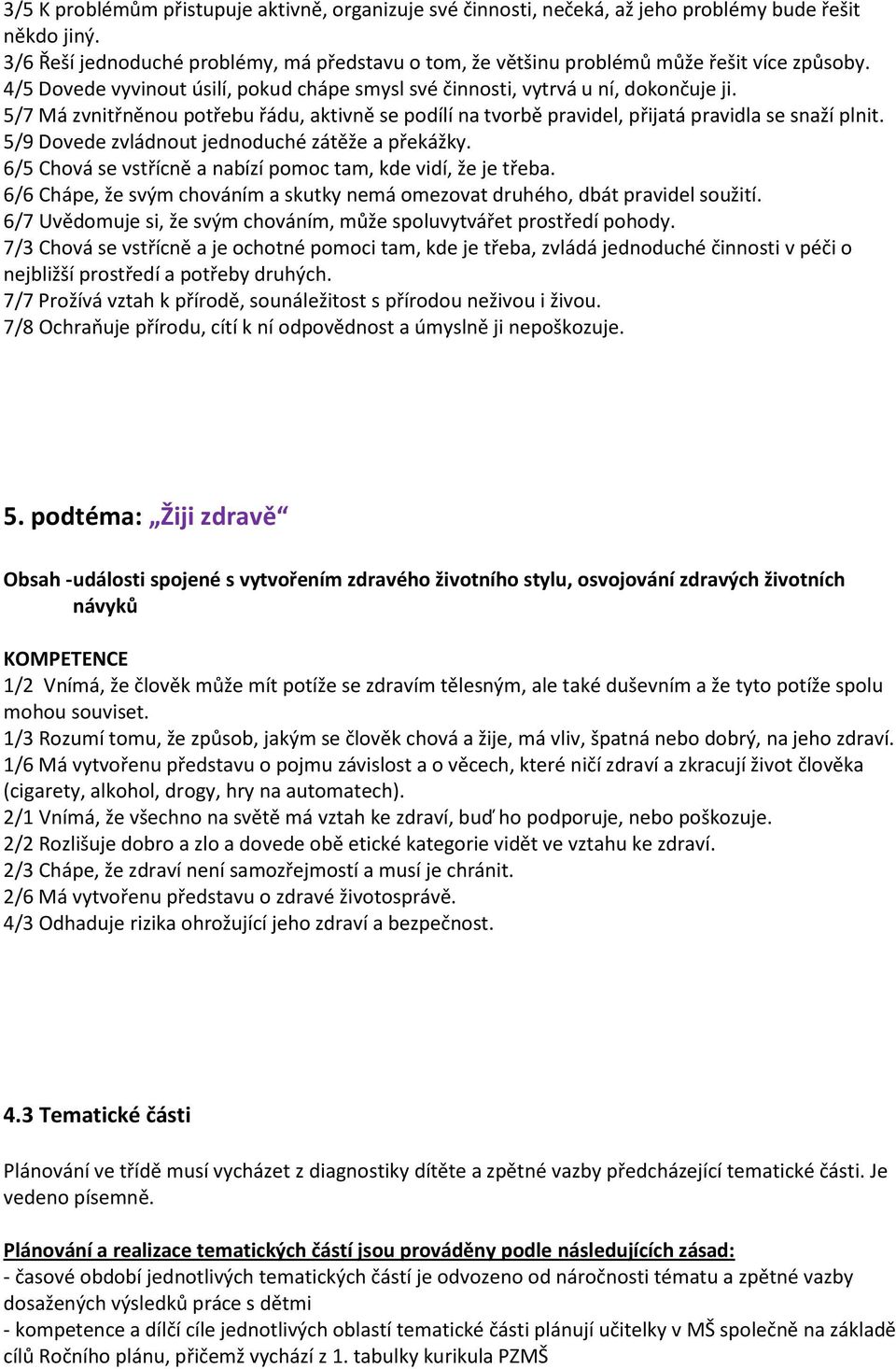 5/7 Má zvnitřněnou potřebu řádu, aktivně se podílí na tvorbě pravidel, přijatá pravidla se snaží plnit. 5/9 Dovede zvládnout jednoduché zátěže a překážky.