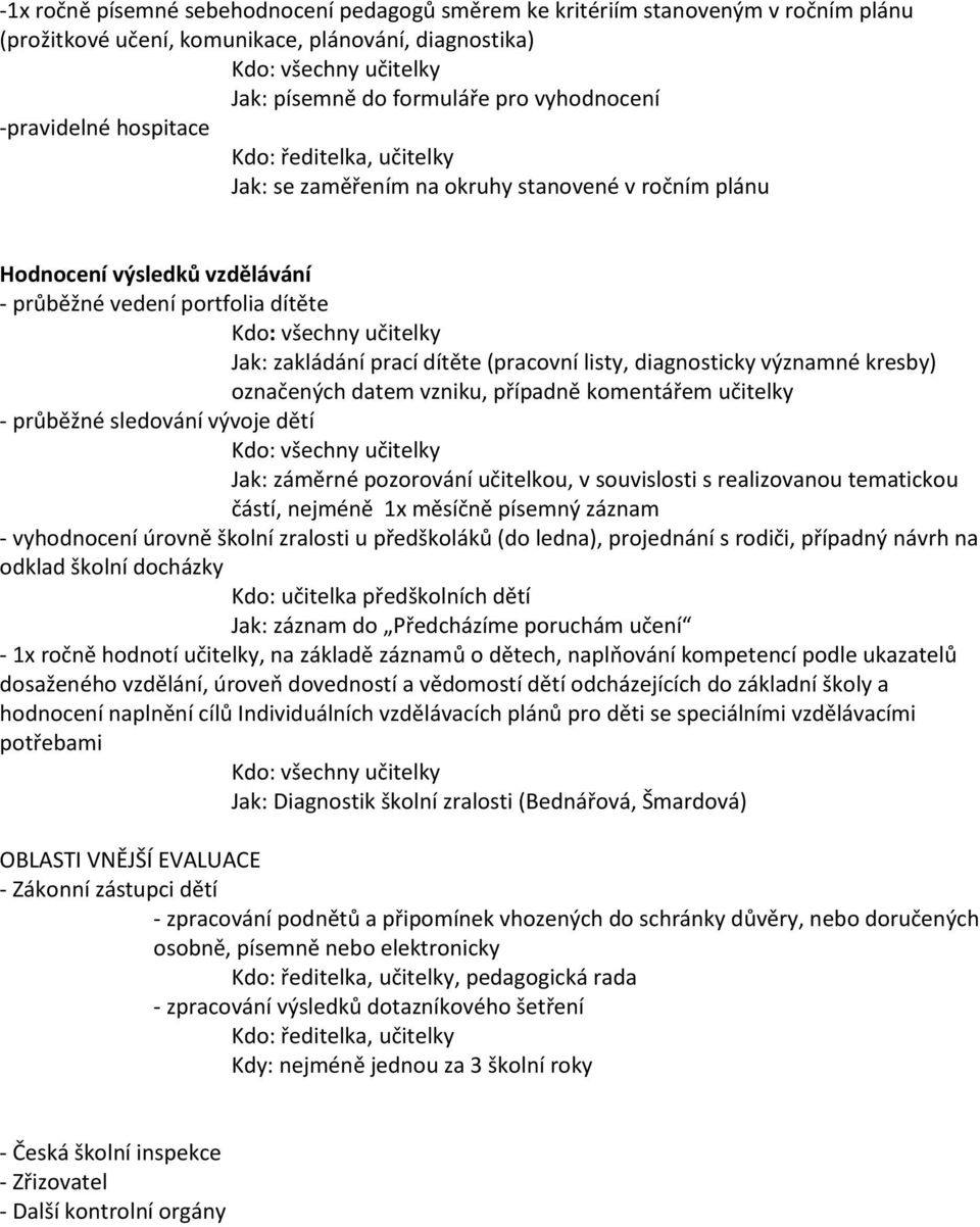 Jak: zakládání prací dítěte (pracovní listy, diagnosticky významné kresby) označených datem vzniku, případně komentářem učitelky - průběžné sledování vývoje dětí Kdo: všechny učitelky Jak: záměrné