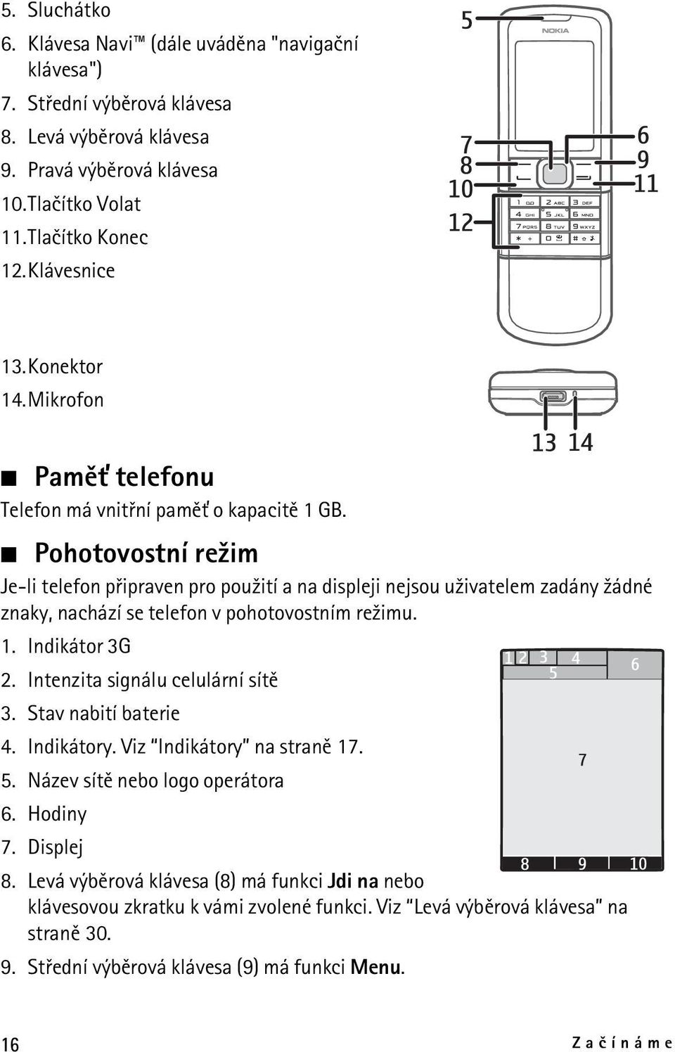 Pohotovostní re¾im Je-li telefon pøipraven pro pou¾ití a na displeji nejsou u¾ivatelem zadány ¾ádné znaky, nachází se telefon v pohotovostním re¾imu. 1. Indikátor 3G 2.