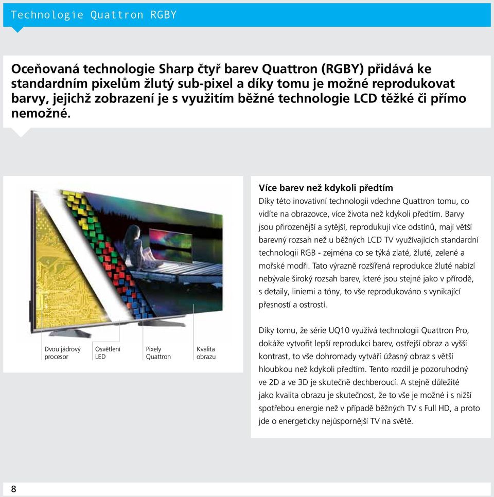 Barvy jsou přirozenější a sytější, reprodukují více odstínů, mají větší barevný rozsah než u běžných LCD TV využívajících standardní technologii RGB - zejména co se týká zlaté, žluté, zelené a mořské