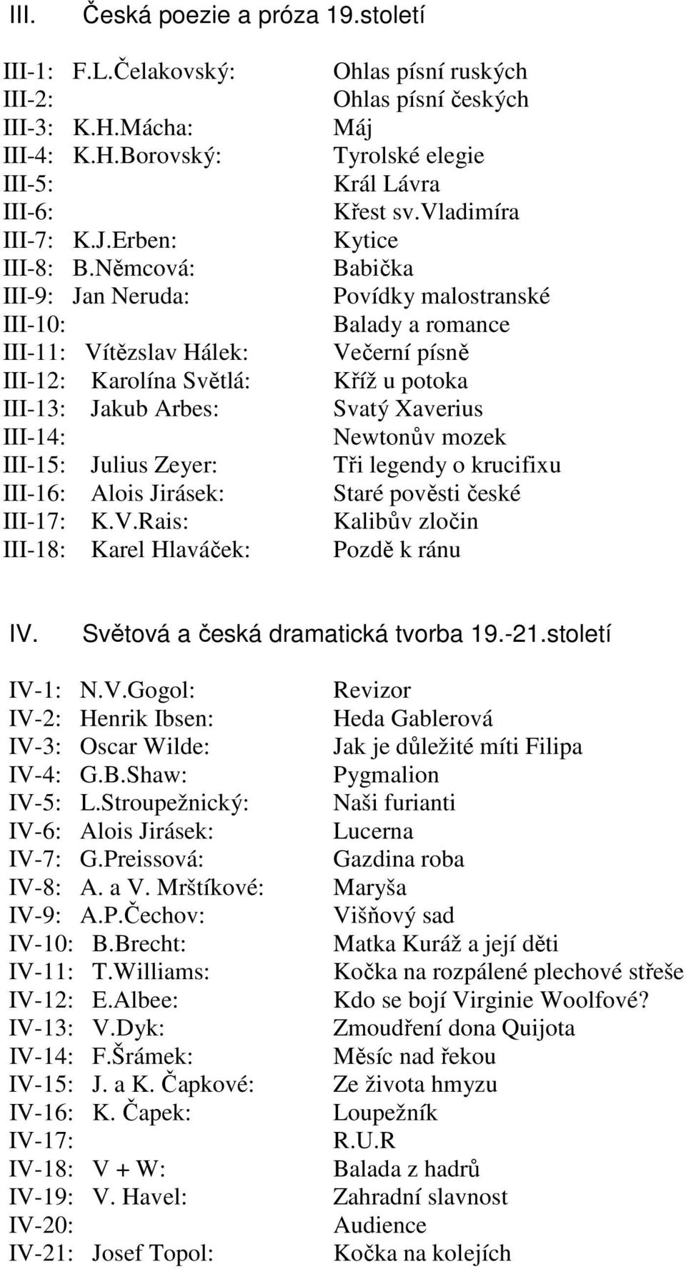 Němcová: Babička III-9: Jan Neruda: Povídky malostranské III-10: Balady a romance III-11: Vítězslav Hálek: Večerní písně III-12: Karolína Světlá: Kříž u potoka III-13: Jakub Arbes: Svatý Xaverius