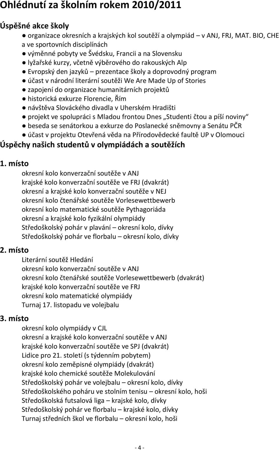 účast v národní literární soutěži We Are Made Up of Stories zapojení do organizace humanitárních projektů historická exkurze Florencie, Řím návštěva Slováckého divadla v Uherském Hradišti projekt ve