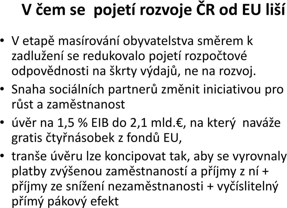 Snaha sociálních partnerů změnit iniciativou pro růst a zaměstnanost úvěr na 1,5 % EIB do 2,1 mld.