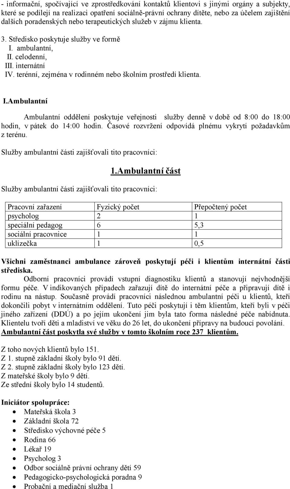 terénní, zejména v rodinném nebo školním prostředí klienta. I.Ambulantní Ambulantní oddělení poskytuje veřejnosti služby denně v době od 8:00 do 18:00 hodin, v pátek do 14:00 hodin.