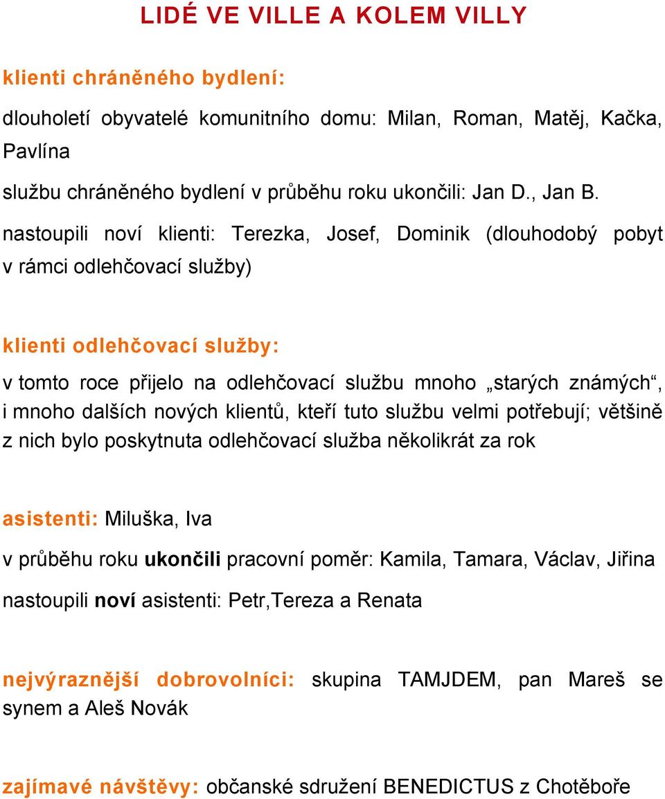 dalších nových klientů, kteří tuto službu velmi potřebují; většině z nich bylo poskytnuta odlehčovací služba několikrát za rok asistenti: Miluška, Iva v průběhu roku ukončili pracovní poměr: Kamila,