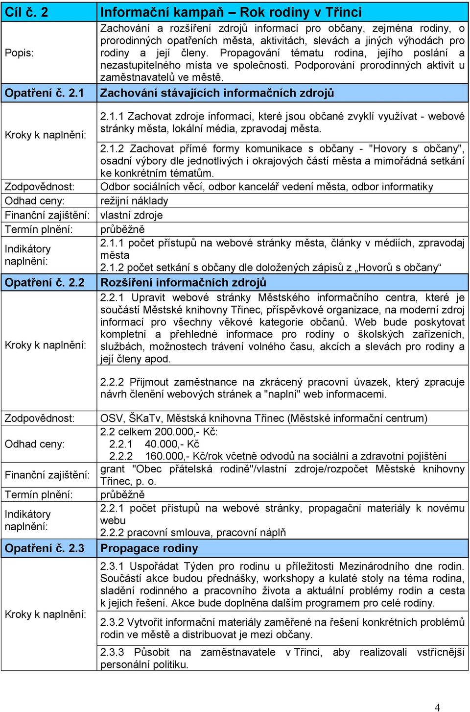 1 Informační kampaň Rok rodiny v Třinci Zachování a rozšíření zdrojů informací pro občany, zejména rodiny, o prorodinných opatřeních města, aktivitách, slevách a jiných výhodách pro rodiny a její