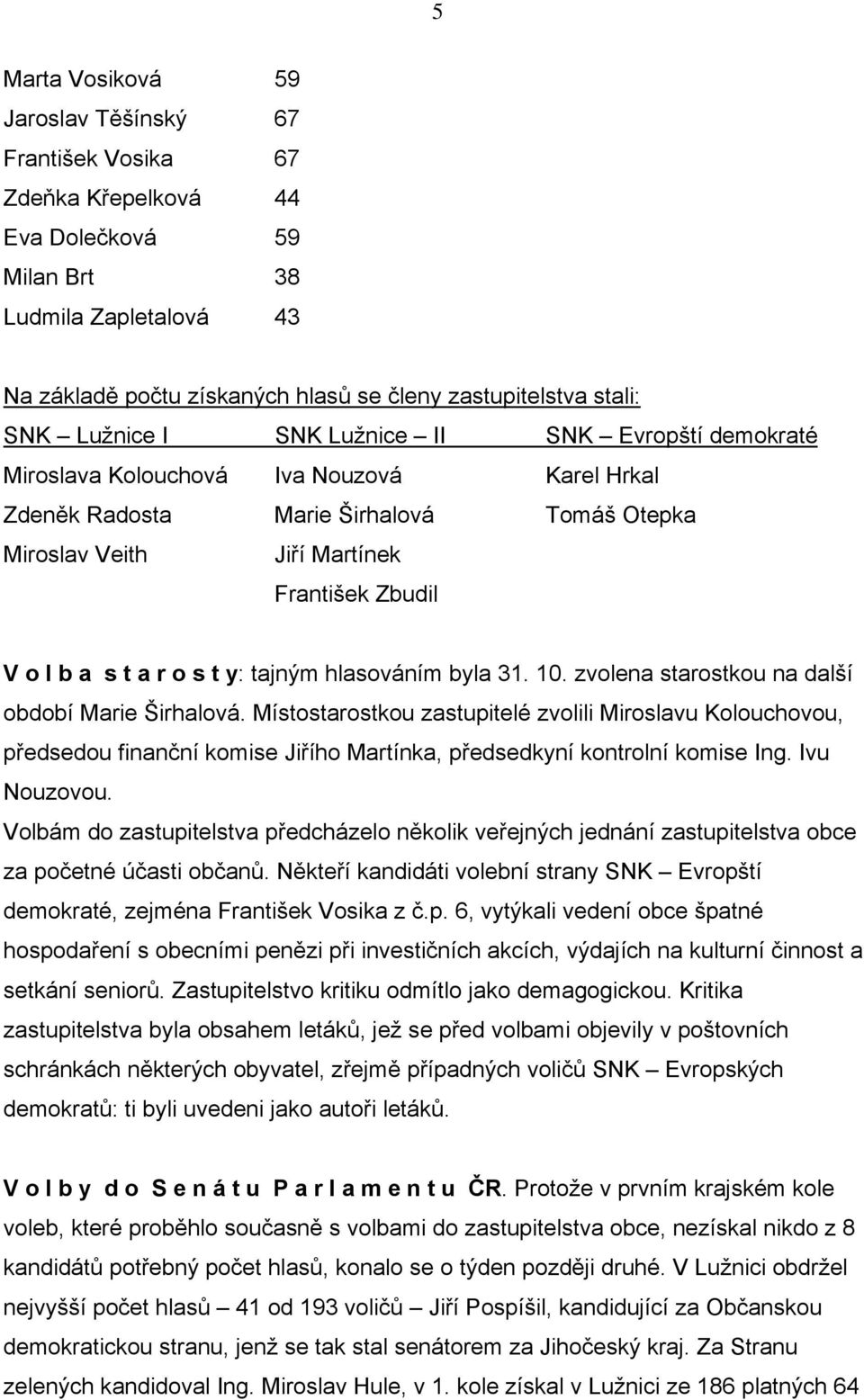 t a r o s t y: tajným hlasováním byla 31. 10. zvolena starostkou na další období Marie Širhalová.