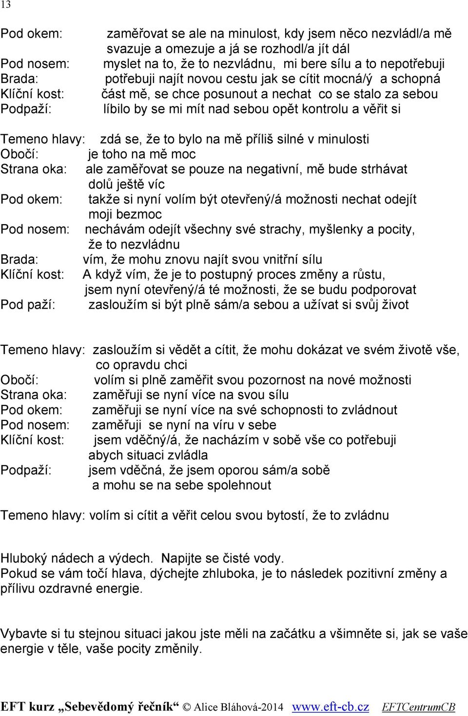 hlavy: zdá se, že to bylo na mě příliš silné v minulosti Obočí: je toho na mě moc Strana oka: ale zaměřovat se pouze na negativní, mě bude strhávat dolů ještě víc Pod okem: takže si nyní volím být