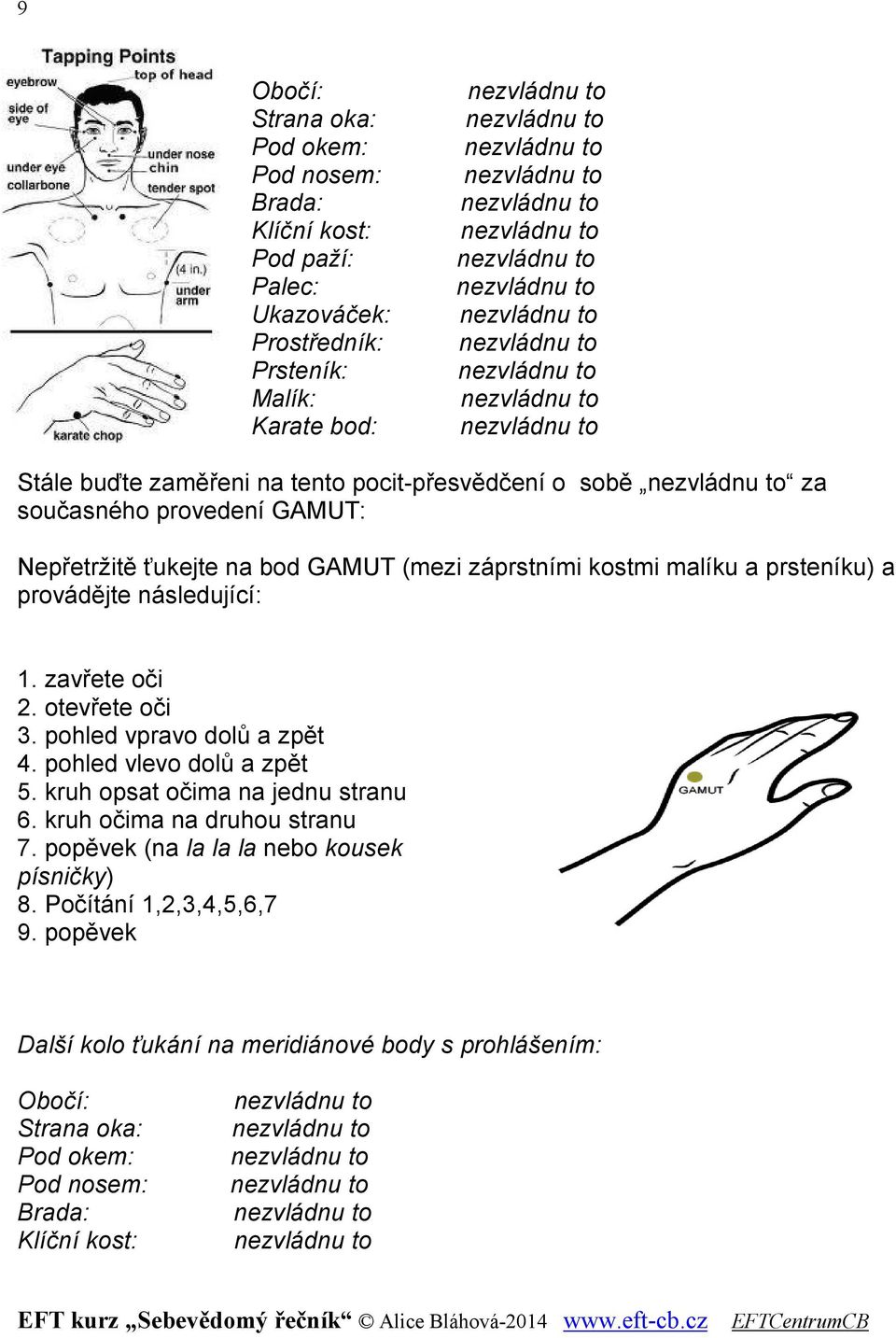 zavřete oči 2. otevřete oči 3. pohled vpravo dolů a zpět 4. pohled vlevo dolů a zpět 5. kruh opsat očima na jednu stranu 6. kruh očima na druhou stranu 7.