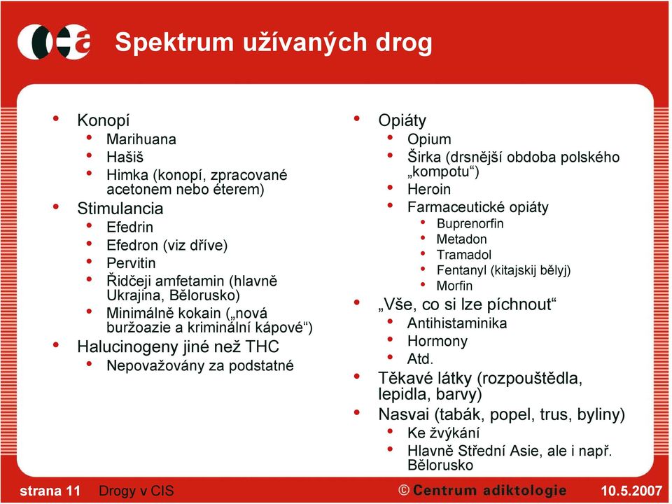 Opiáty Opium Širka (drsnější obdoba polského kompotu ) Heroin Farmaceutické opiáty Buprenorfin Metadon Tramadol Fentanyl (kitajskij bělyj) Morfin Vše, co si lze