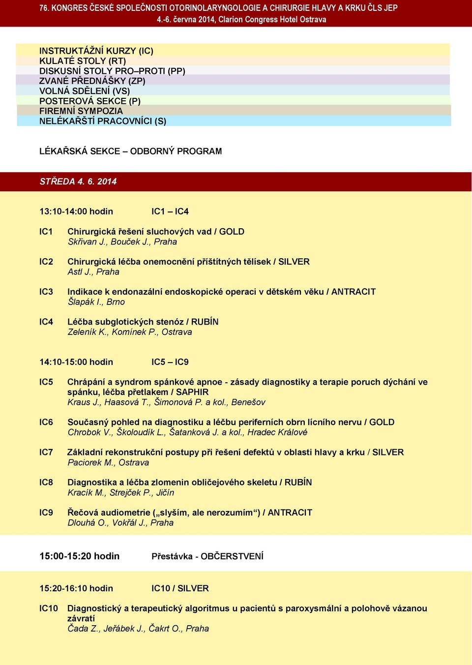 , Praha Chirurgická léčba onemocnění příštítných tělísek / SILVER Astl J., Praha Indikace k endonazální endoskopické operaci v dětském věku / ANTRACIT Šlapák I.