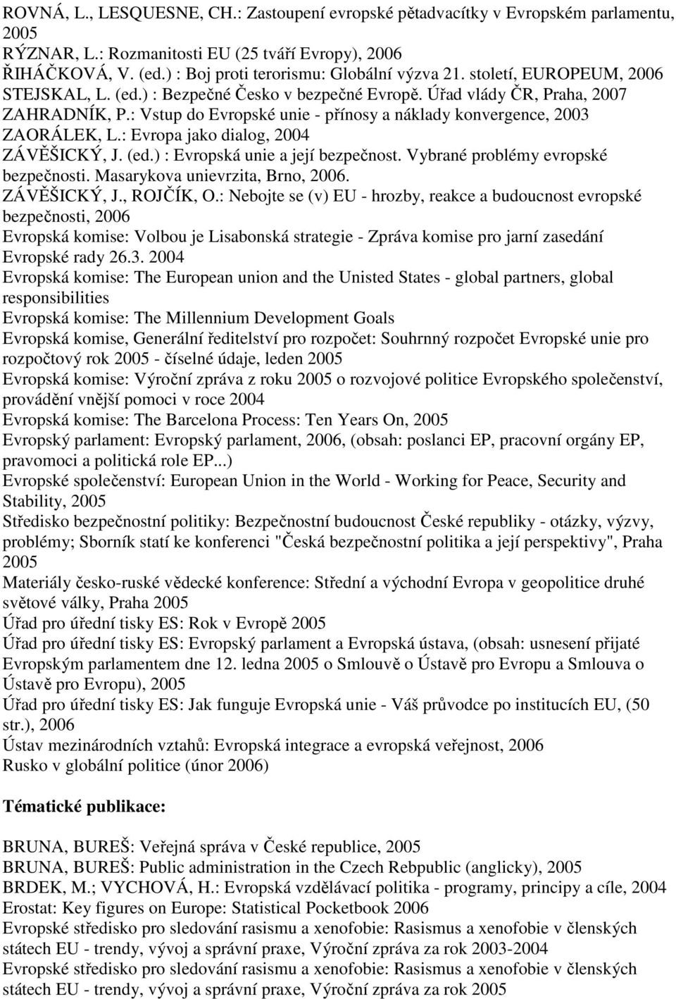 : Vstup do Evropské unie - přínosy a náklady konvergence, 2003 ZAORÁLEK, L.: Evropa jako dialog, 2004 ZÁVĚŠICKÝ, J. (ed.) : Evropská unie a její bezpečnost. Vybrané problémy evropské bezpečnosti.