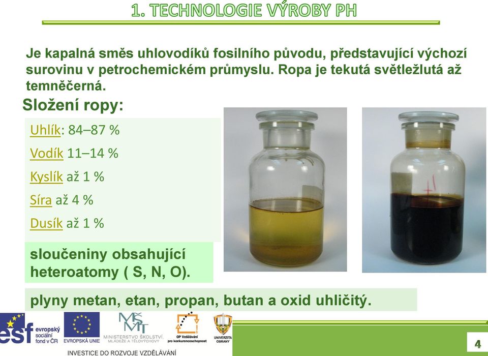 Složení ropy: Uhlík: 84 87 % Vodík 11 14 % Kyslík až 1 % Síra až 4 % Dusík až 1