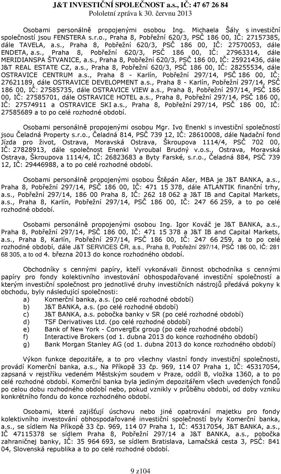 s., Praha 8 - Karlín, Pobřežní 297/14, PSČ 186 00, IČ: 27621189, dále OSTRAVICE DEVELOPMENT a.s., Praha 8 - Karlín, Pobřežní 297/14, PSČ 186 00, IČ: 27585735, dále OSTRAVICE VIEW a.s., Praha 8, Pobřežní 297/14, PSČ 186 00, IČ: 27585701, dále OSTRAVICE HOTEL a.