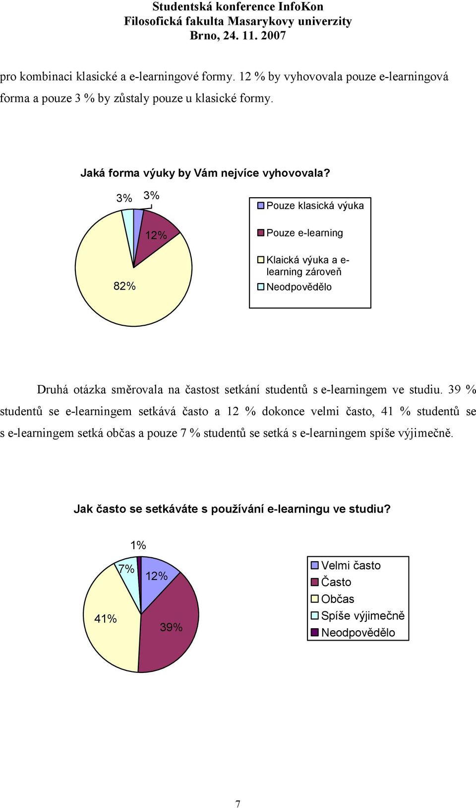 3% 3% 82% 12% Pouze klasická výuka Pouze e-learning Klaická výuka a e- learning zároveň Neodpovědělo Druhá otázka směrovala na častost setkání studentů s e-learningem