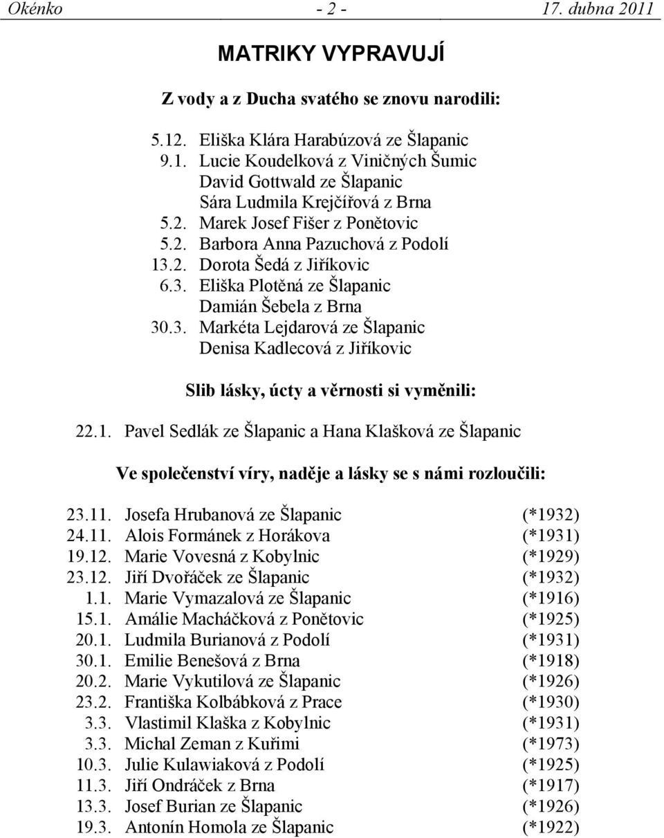 1. Pavel Sedlák ze Šlapanic a Hana Klašková ze Šlapanic Ve společenství víry, naděje a lásky se s námi rozloučili: 23.11. Josefa Hrubanová ze Šlapanic (*1932) 24.11. Alois Formánek z Horákova (*1931) 19.