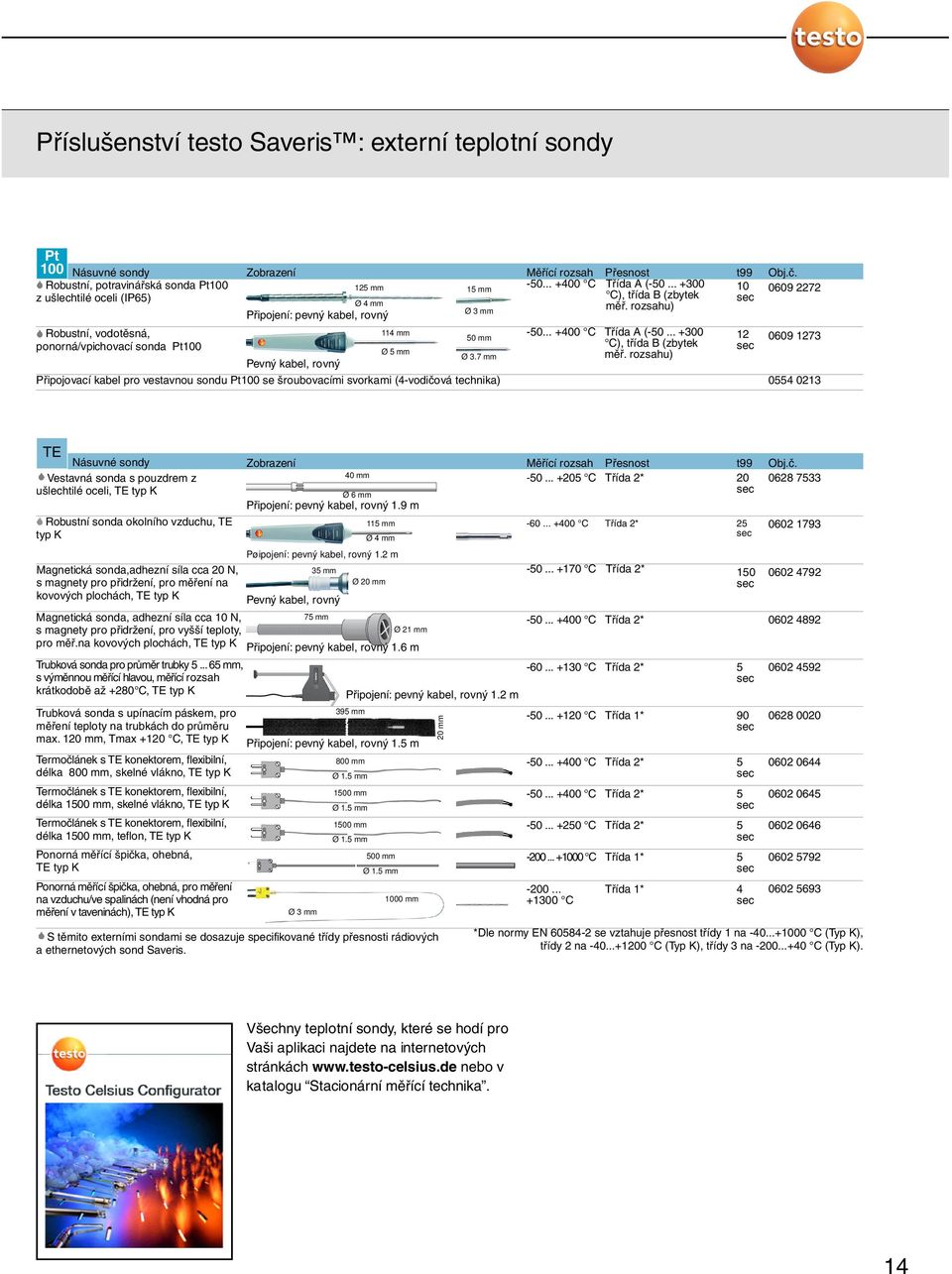 .. +400 Třída A (-50... +300 ), třída B (zbytek měř. rozsahu) 0609 1273 Připojovací kabel pro vestavnou sondu Pt100 se šroubovacími svorkami (4-vodičová technika) 0554 0213 50 mm Ø 3.