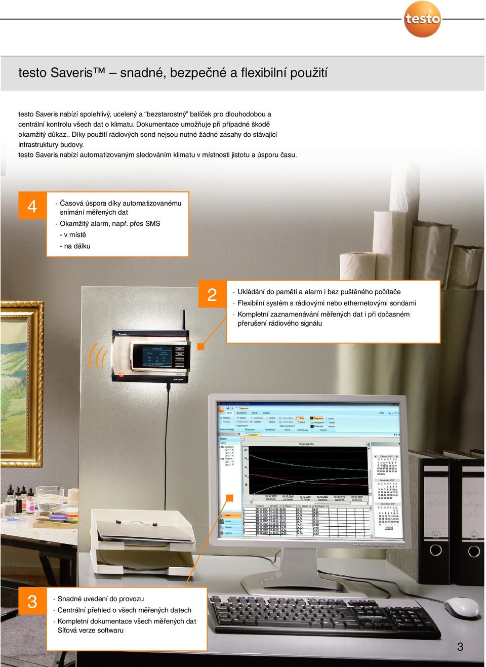testo Saveris nabízí automatizovaným sledováním klimatu v místnosti jistotu a úsporu času. 4 Časová úspora díky automatizovanému snímání měřených dat Okamžitý alarm, např.