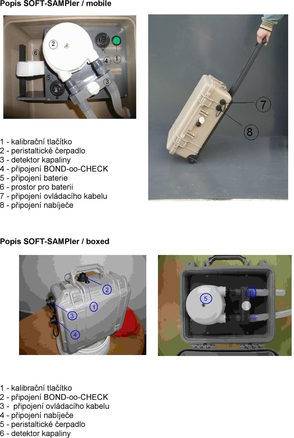 kabelu 8 - připojení nabíječe Popis SOFT-SAMPler / boxed 1 - kalibrační tlačítko 2 - připojení