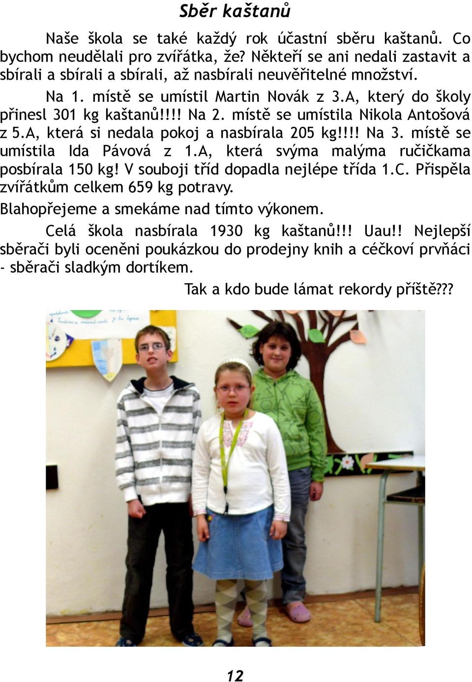 místě se umístila Nikola Antošová z 5.A, která si nedala pokoj a nasbírala 205 kg!!!! Na 3. místě se umístila Ida Pávová z 1.A, která svýma malýma ručičkama posbírala 150 kg!