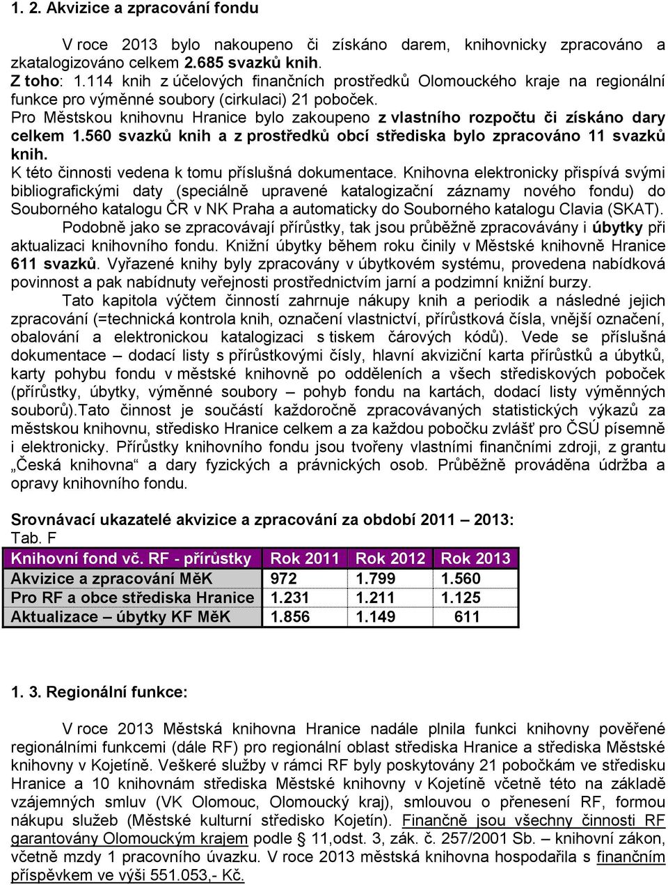 Pro Městskou knihovnu Hranice bylo zakoupeno z vlastního rozpočtu či získáno dary celkem 1.560 svazků knih a z prostředků obcí střediska bylo zpracováno 11 svazků knih.