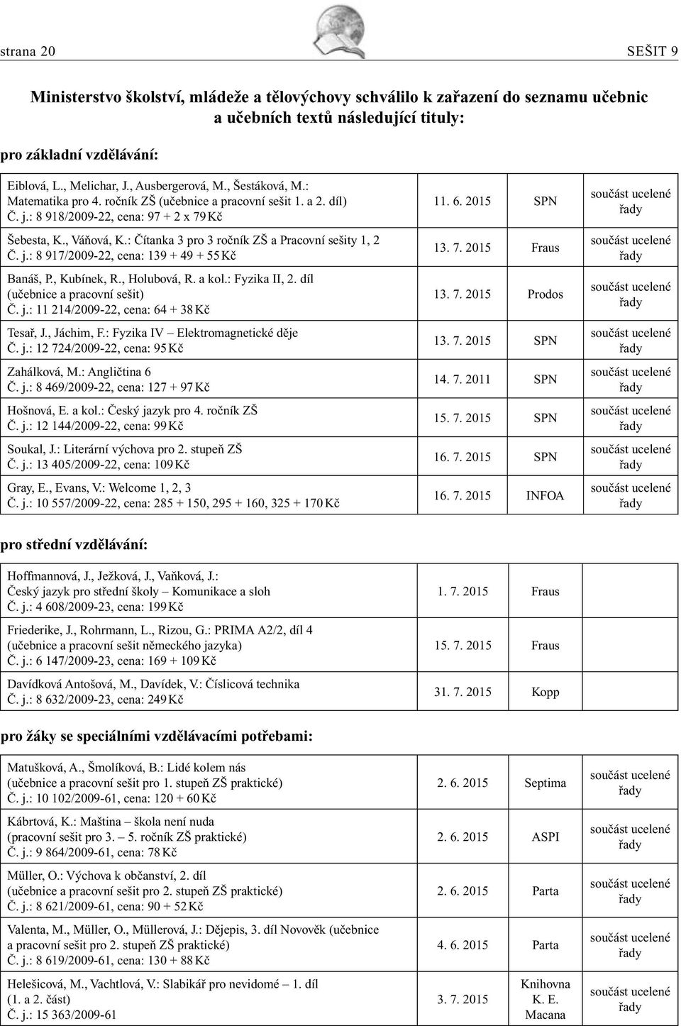 : Čítanka 3 pro 3 ročník ZŠ a Pracovní sešity 1, 2 Č. j.: 8 917/2009-22, cena: 139 + 49 + 55 Kč Banáš, P., Kubínek, R., Holubová, R. a kol.: Fyzika II, 2. díl (učebnice a pracovní sešit) Č. j.: 11 214/2009-22, cena: 64 + 38 Kč Tesař, J.