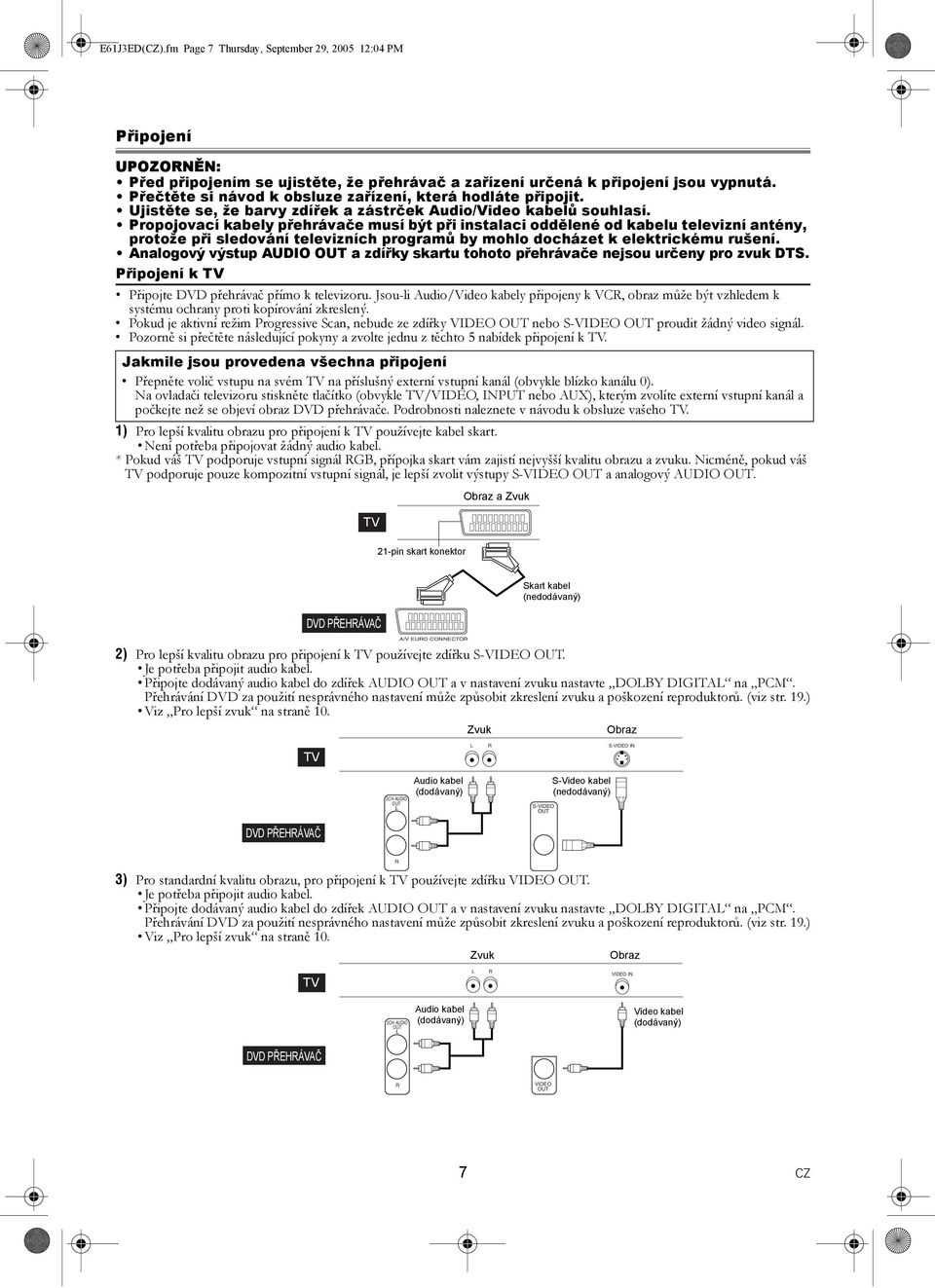 Propojovací kabely přehrávače musí být při instalaci oddělené od kabelu televizní antény, protože při sledování televizních programů by mohlo docházet k elektrickému rušení.