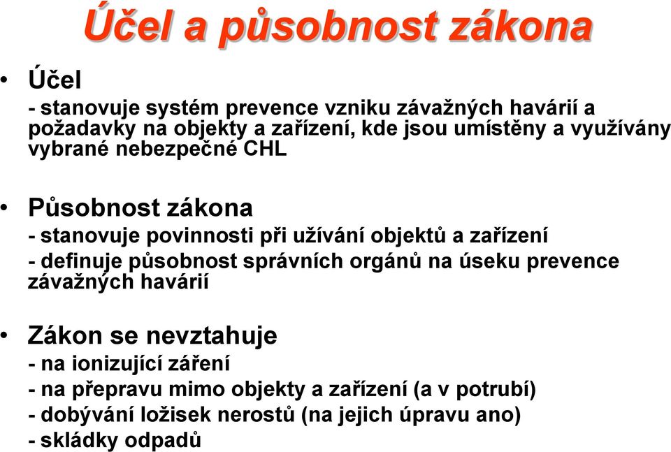 zařízení - definuje působnost správních orgánů na úseku prevence závažných havárií Zákon se nevztahuje - na ionizující