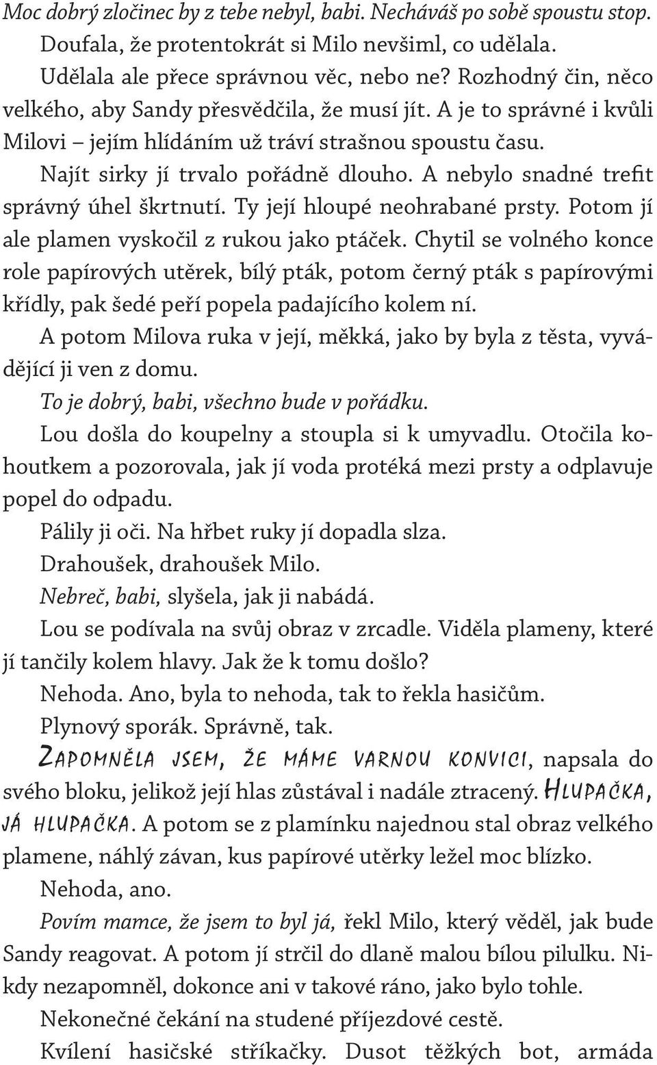 A nebylo snadné trefit správný úhel škrtnutí. Ty její hloupé neohrabané prsty. Potom jí ale plamen vyskočil z rukou jako ptáček.