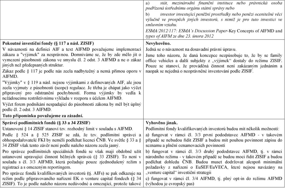 Zákaz podle 117 je podle nás zcela nadbytečný a nemá přímou oporu v AIFMD. "Výjimky" v 119 a násl. nejsou výjimkami z definovaných AIF, ale jsou zcela vyjmuty z působnosti (scope) regulace.