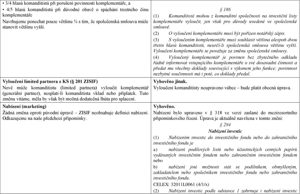 Vyloučení limited partnera z KS ( 201 ZISIF) Nově může komanditistu (limited partnera) vyloučit komplementář (generální partner), nesplatí-li komanditista vklad nebo příplatek.