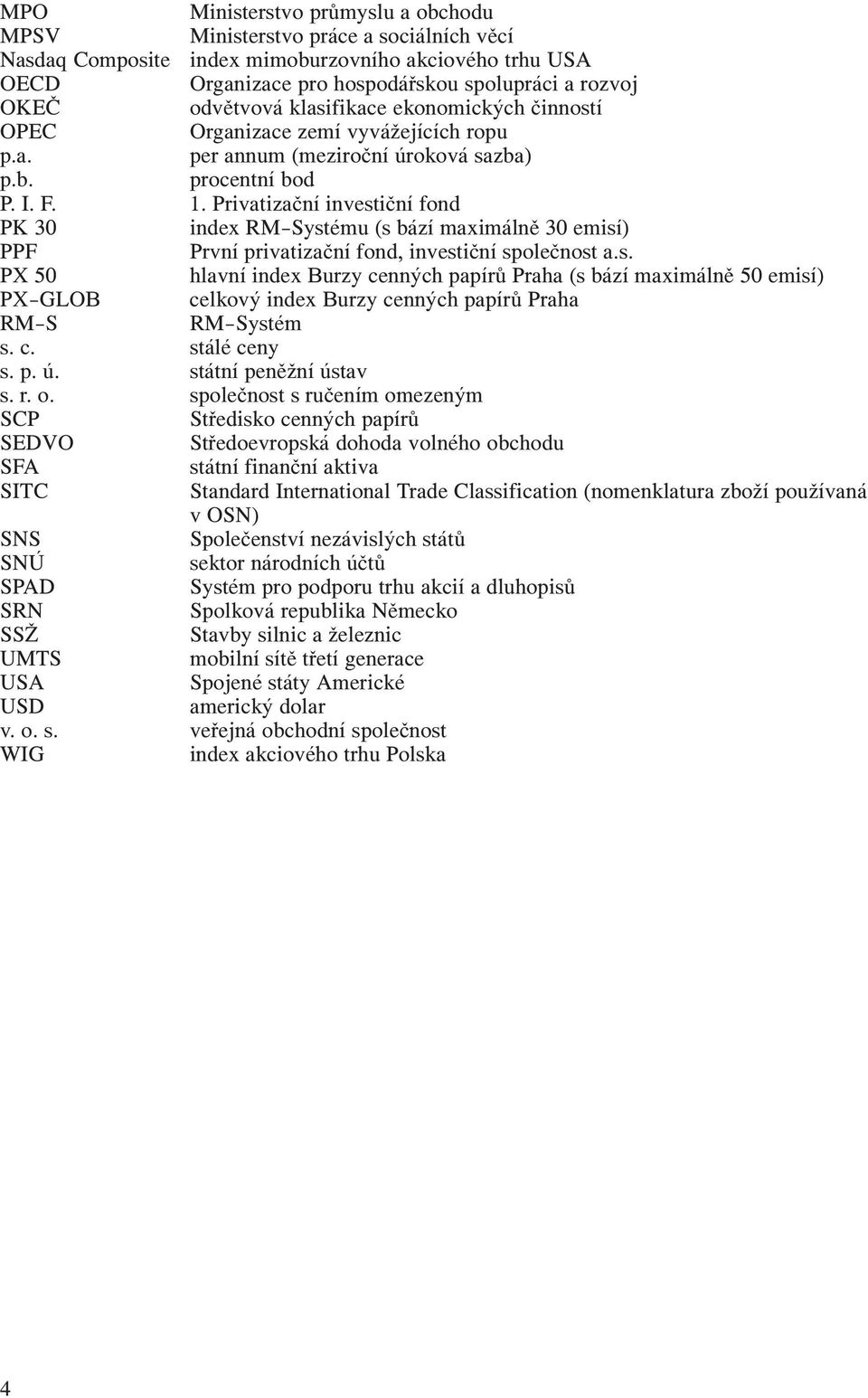 Privatizační investiční fond PK 30 index RM Systému (s bází maximálně 30 emisí) PPF První privatizační fond, investiční společnost a.s. PX 50 hlavní index Burzy cenných papírů Praha (s bází maximálně 50 emisí) PX GLOB celkový index Burzy cenných papírů Praha RM S RM Systém s.