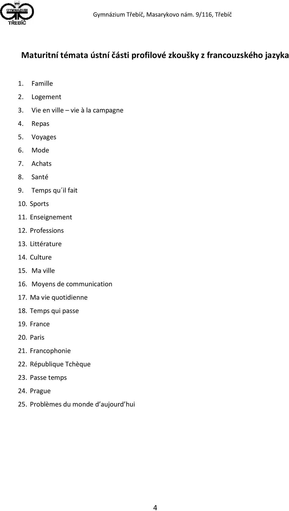 Enseignement 12. Professions 13. Littérature 14. Culture 15. Ma ville 16. Moyens de communication 17.