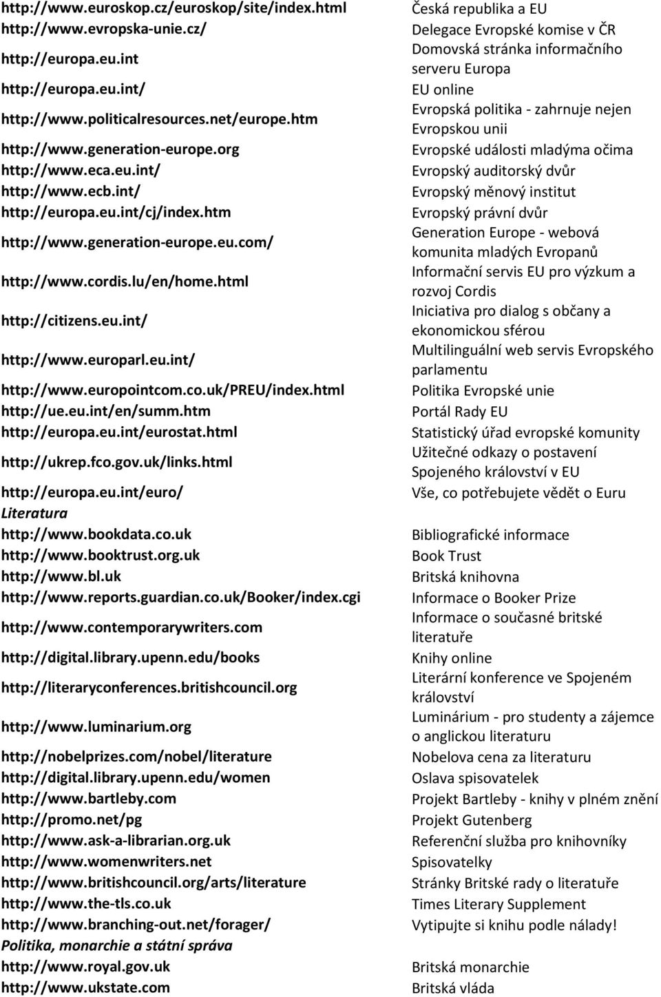 co.uk/preu/index.html http://ue.eu.int/en/summ.htm http://europa.eu.int/eurostat.html http://ukrep.fco.gov.uk/links.html http://europa.eu.int/euro/ Literatura http://www.bookdata.co.uk http://www.