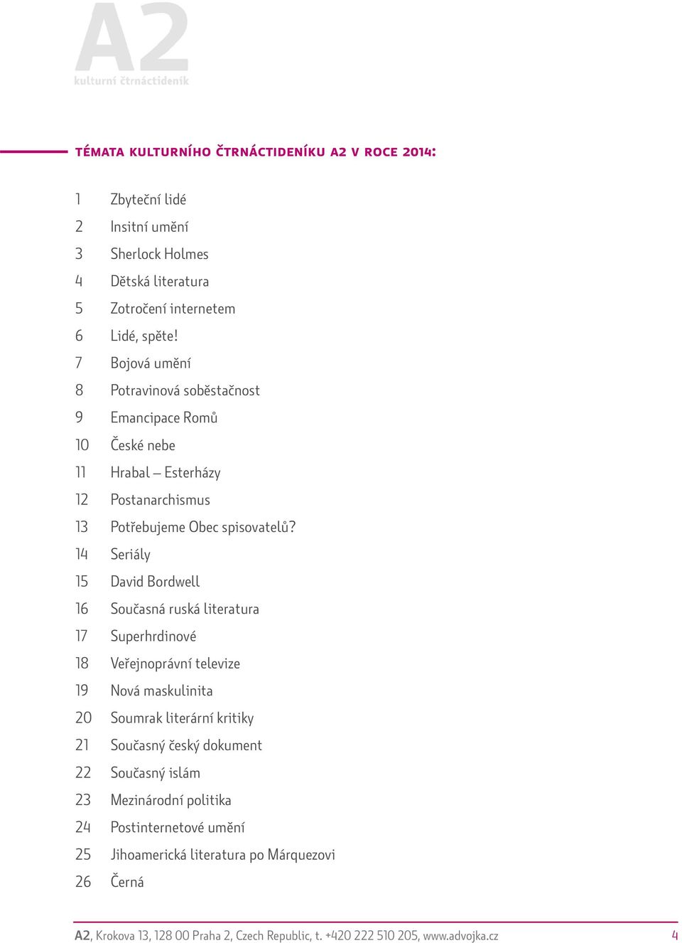 14 Seriály 15 David Bordwell 16 Současná ruská literatura 17 Superhrdinové 18 Veřejnoprávní televize 19 Nová maskulinita 20 Soumrak literární kritiky 21 Současný český