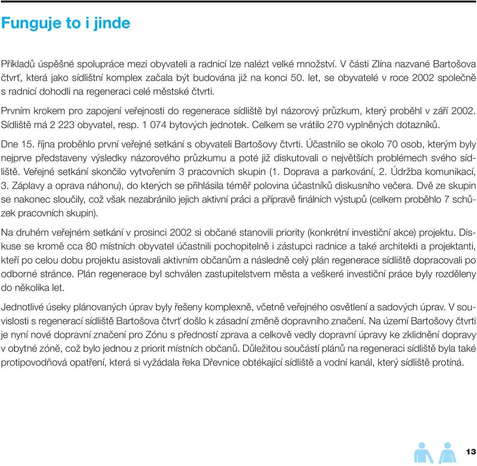 Prvním krokem pro zapojení veřejnosti do regenerace sídliště byl názorový průzkum, který proběhl v září 2002. Sídliště má 2 223 obyvatel, resp. 1 074 bytových jednotek.