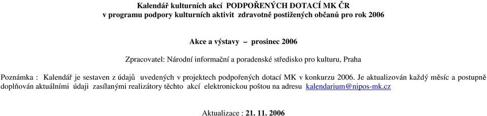 sestaven z údajů uvedených v projektech podpořených dotací MK v konkurzu 2006.