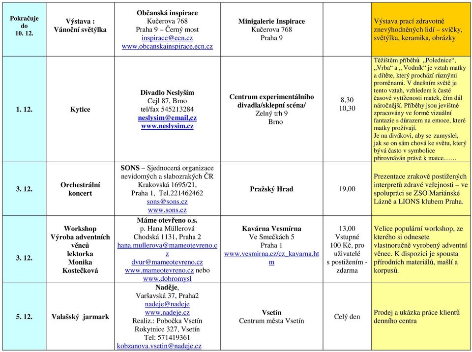 Kytice 3. 12. 3. 12. Orchestrální koncert Workshop Výroba adventních věnců lektorka Monika Kostečková 5. 12. Valašský jarmark Divadlo Neslyším Cejl 87, tel/fax 545213284 neslysim@email,cz www.