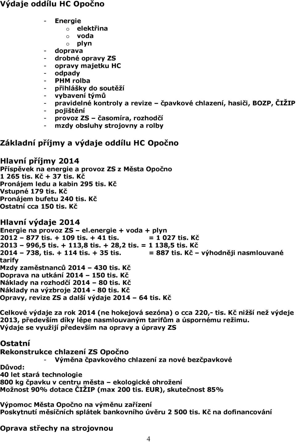 provoz ZS z Města Opočno 1 265 tis. Kč + 37 tis. Kč Pronájem ledu a kabin 295 tis. Kč Vstupné 179 tis. Kč Pronájem bufetu 240 tis. Kč Ostatní cca 150 tis.