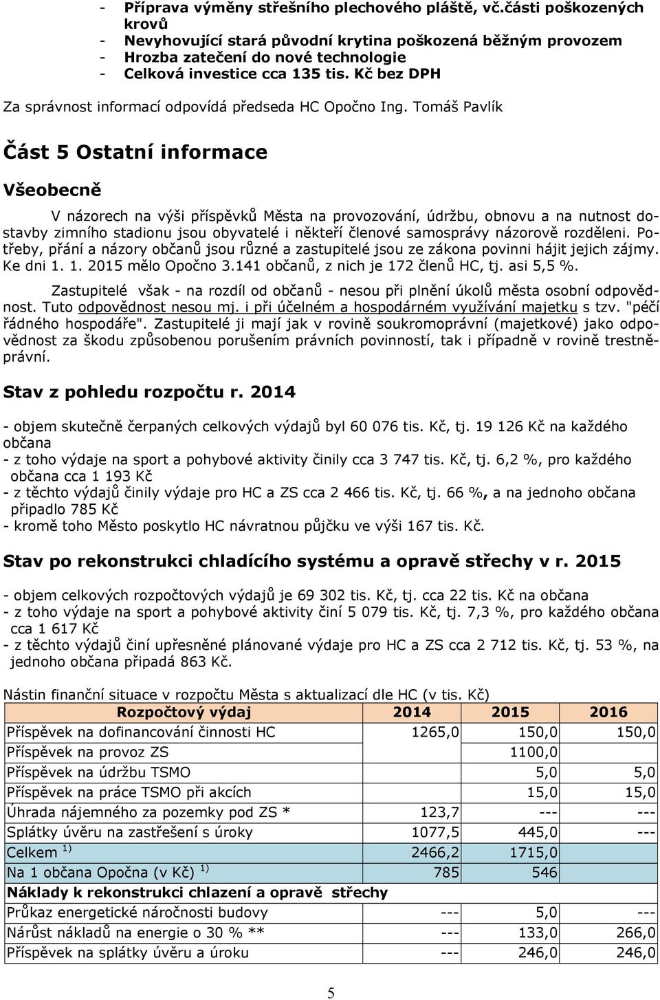 Kč bez DPH Za správnost informací odpovídá předseda HC Opočno Ing.