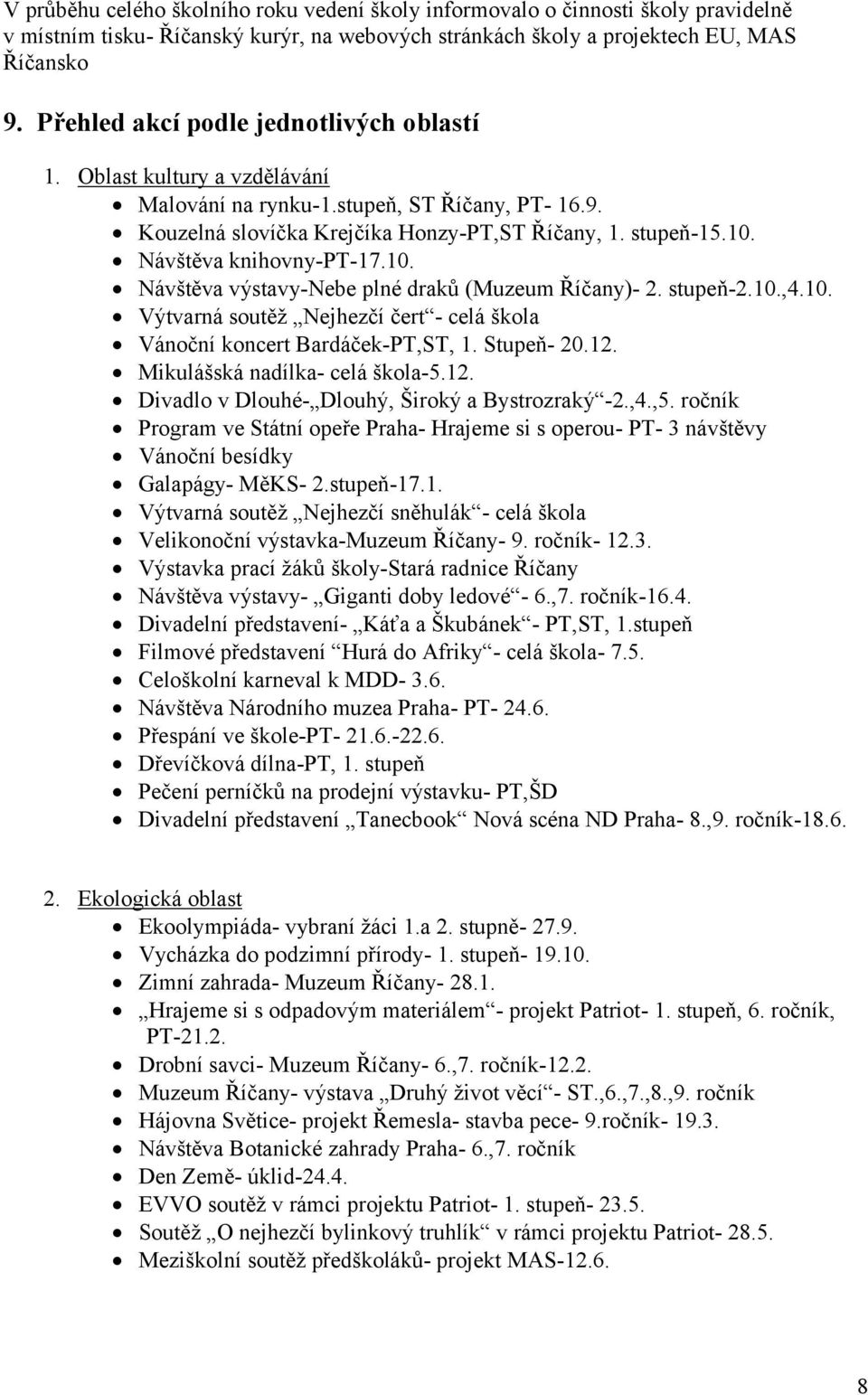 Návštěva knihovny-pt-17.10. Návštěva výstavy-nebe plné draků (Muzeum Říčany)- 2. stupeň-2.10.,4.10. Výtvarná soutěž Nejhezčí čert - celá škola Vánoční koncert Bardáček-PT,ST, 1. Stupeň- 20.12.