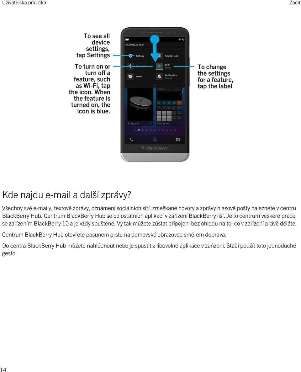 Centrum BlackBerry Hub se od ostatních aplikací v zařízení BlackBerry liší. Je to centrum veškeré práce se zařízením BlackBerry 10 a je vždy spuštěné.