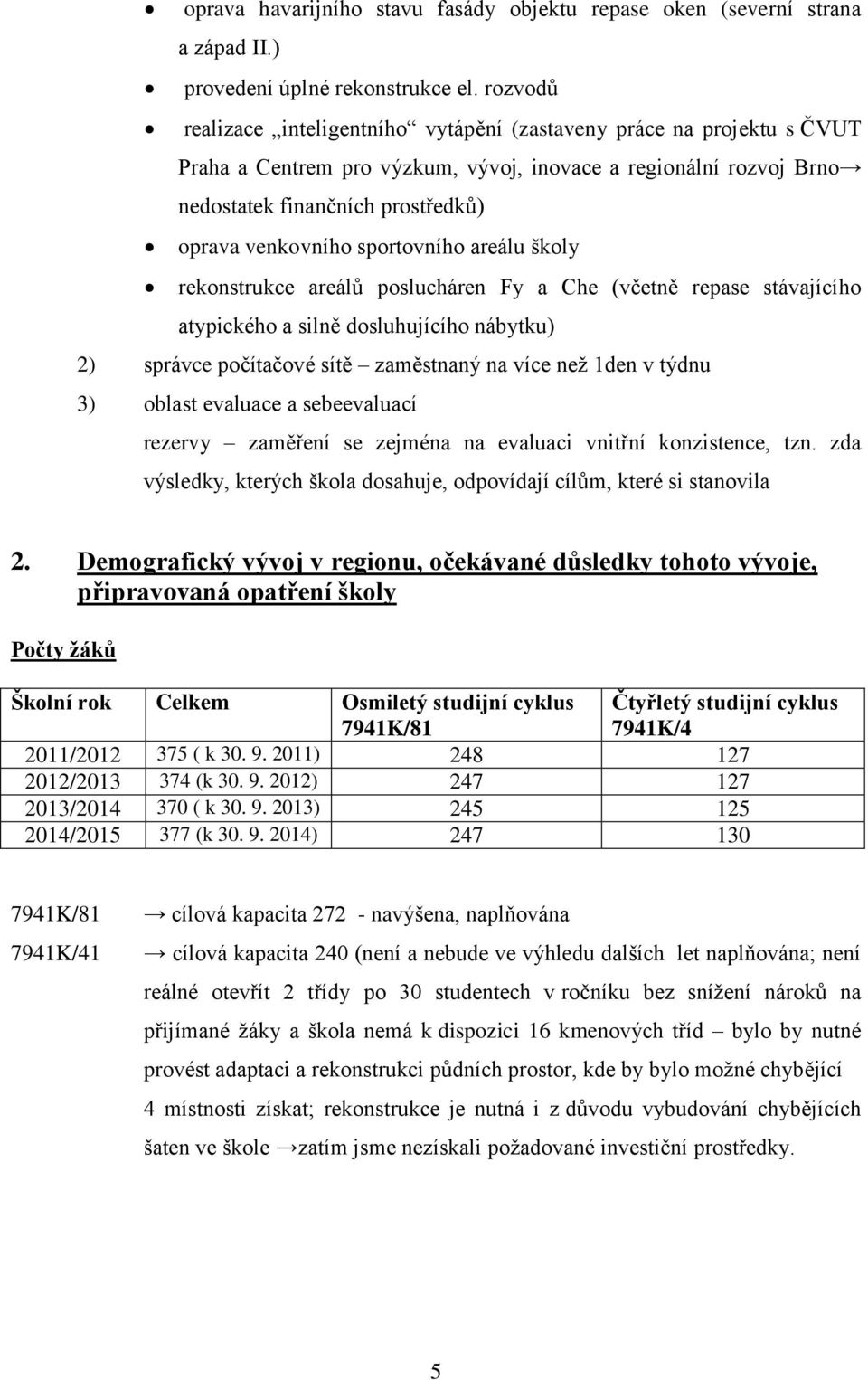 sportovního areálu školy rekonstrukce areálů poslucháren Fy a Che (včetně repase stávajícího atypického a silně dosluhujícího nábytku) 2) správce počítačové sítě zaměstnaný na více než 1den v týdnu